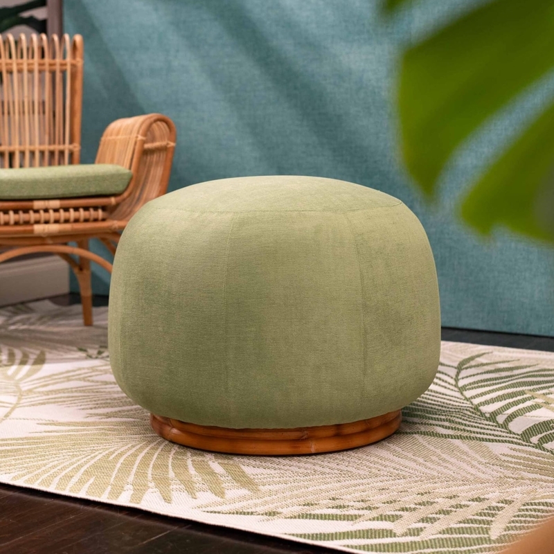 Pouf Forest Green Cylindrical Upholstery with Decorative Fringe Trim