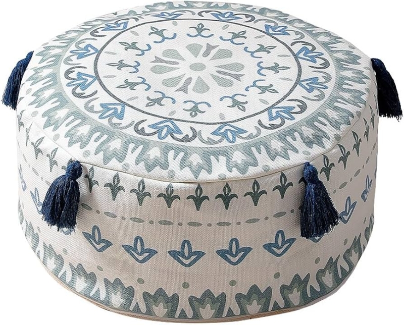 Pouf, Geometric Print Black and White Fabric, Cylindrical Form