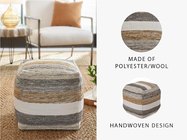 Pouf Gray and Beige Woven Pouf Chunky Braided Texture Global Style