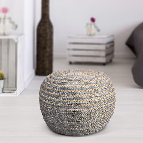 Pouf Gray And Tan Striped Braided Cotton Cylindrical Coastal Ottoman
