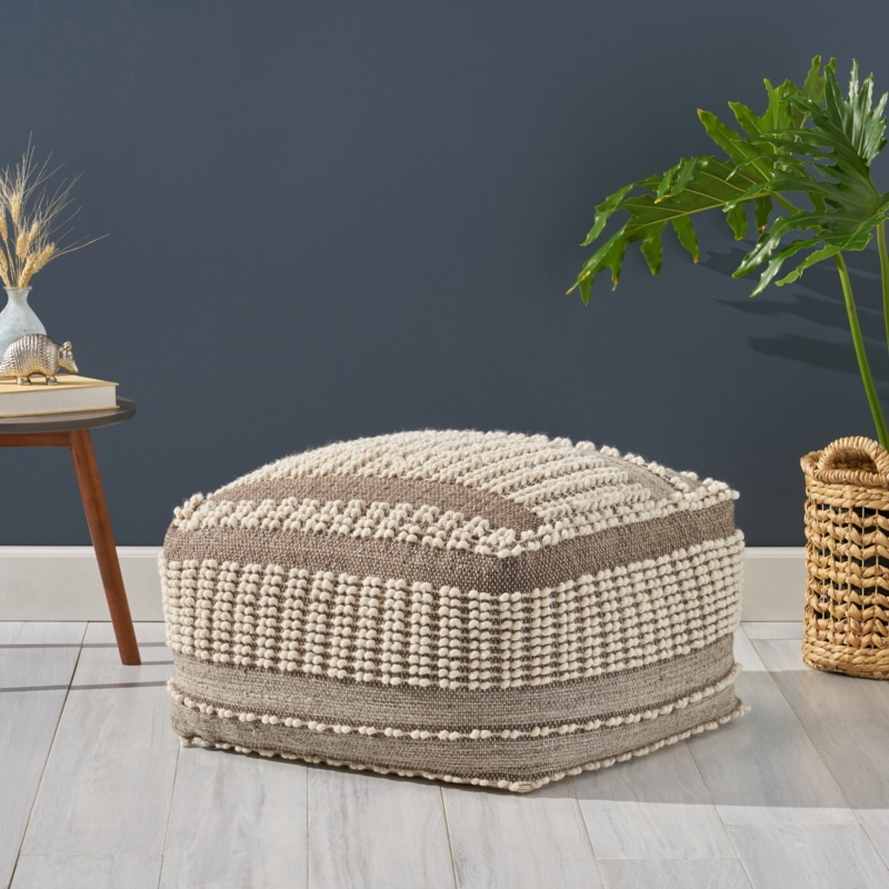 Pouf Gray and White Woven Ottoman Square Geometric Pattern Boho Style