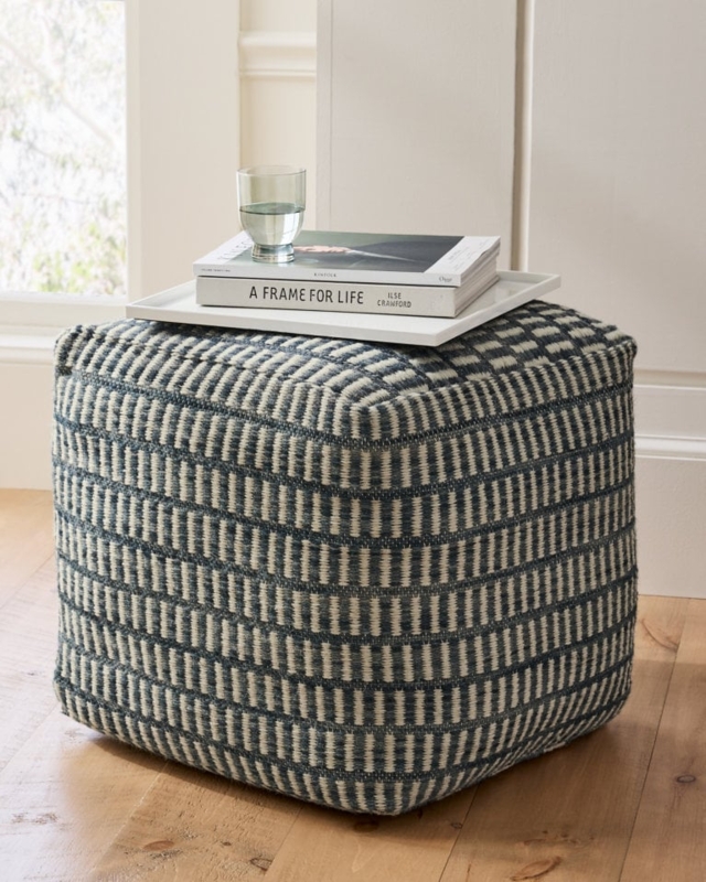 Pouf Gray Flat Weave Diamond Pattern Scandinavian Style Woven Texture