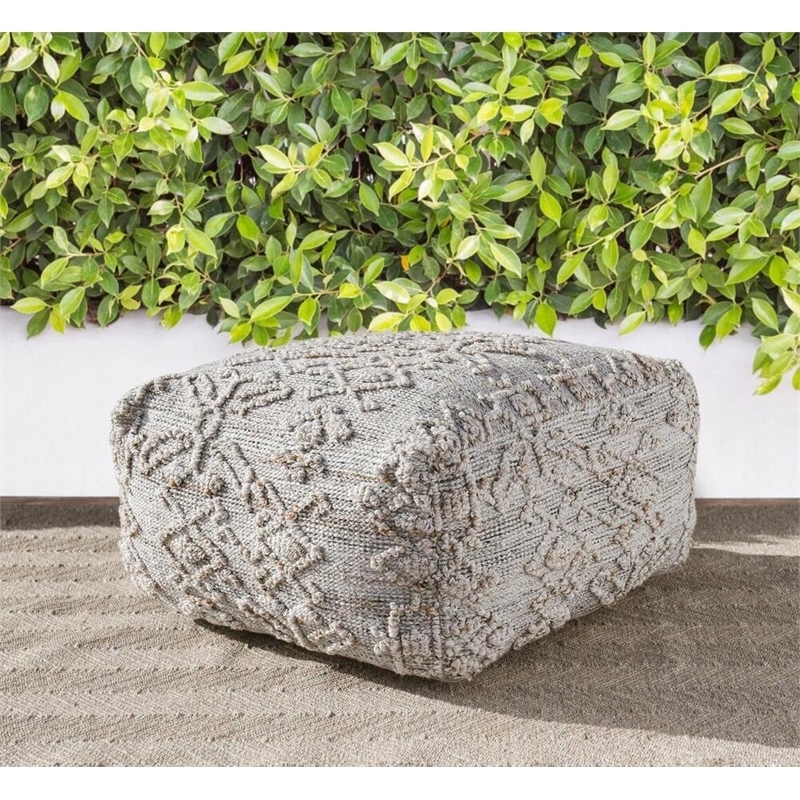 Pouf Gray Striped Cylindrical Woven Fabric Piping Detail