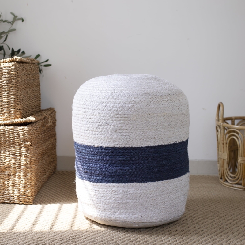 Pouf Hand Woven Jute Cube Navy Striped Coastal Floor Seating