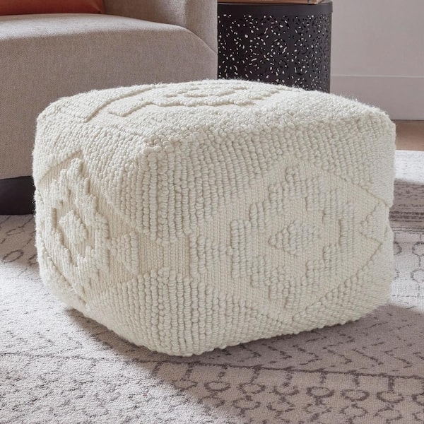 Pouf Hand Woven Square Silhouette Chunky Knit Cream