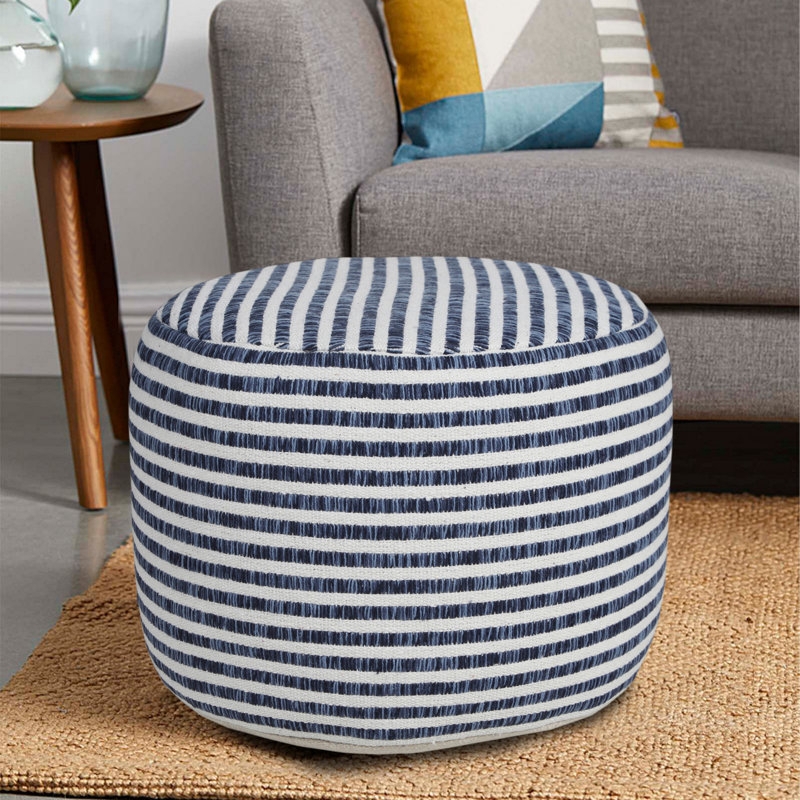 Pouf Horizontal Stripes Navy White Piped Edges Coastal Living Room