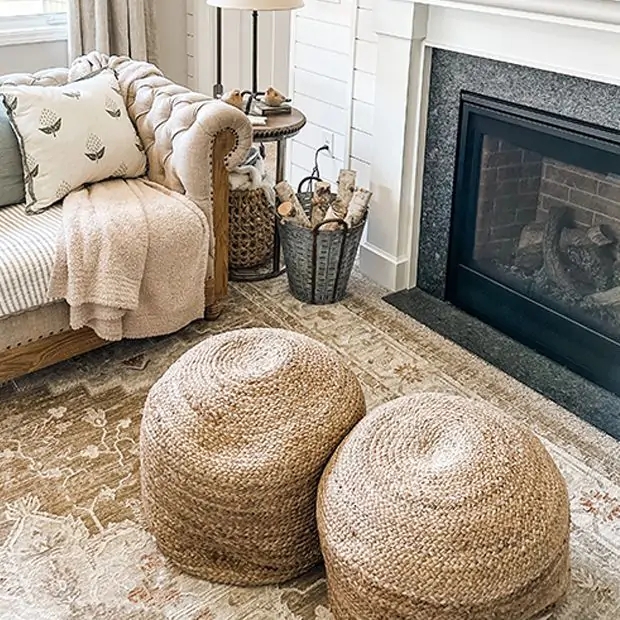 Pouf in Braided Jute Chunky Weave, Natural Coastal Farmhouse Accent