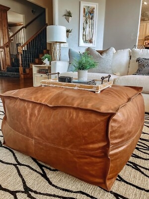 Pouf in Cognac Brown Leather-Like Fabric with Decorative Top Stitching