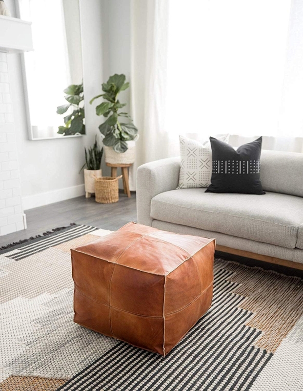Pouf in Cognac Leather-Like Material with Intricate Stitching Details