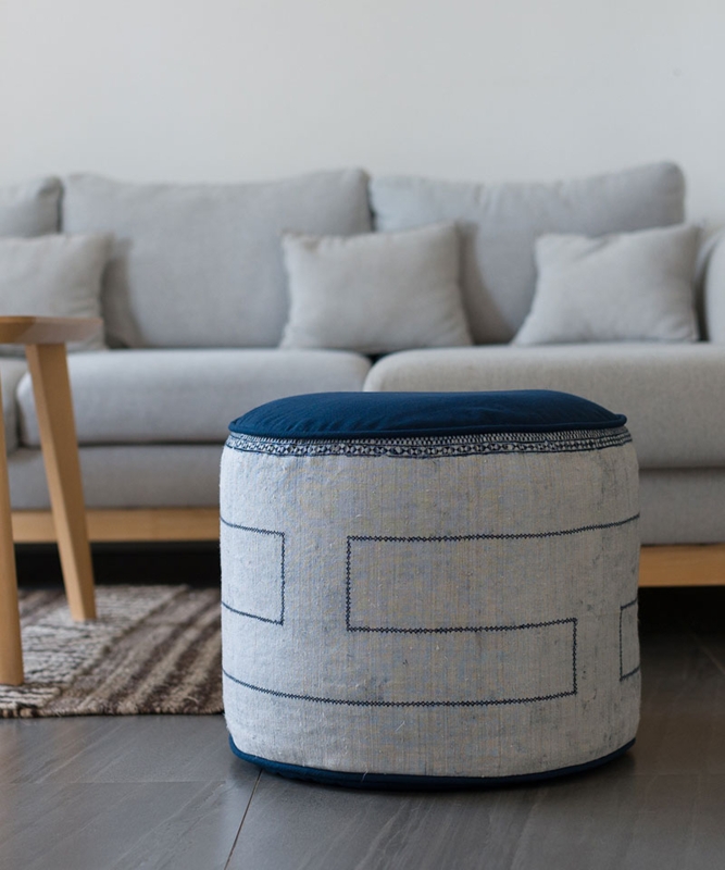 Pouf Indigo Blue Shibori Pattern Bohemian Round Ottoman