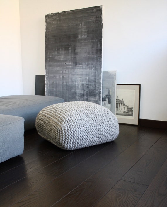 Pouf Ivory Wool Chunky Knit Square Silhouette Scandinavian Hygge Decor