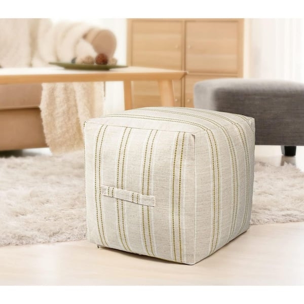 Pouf Jacquard Weave Striped Pattern Beige Brown Square Farmhouse Seating