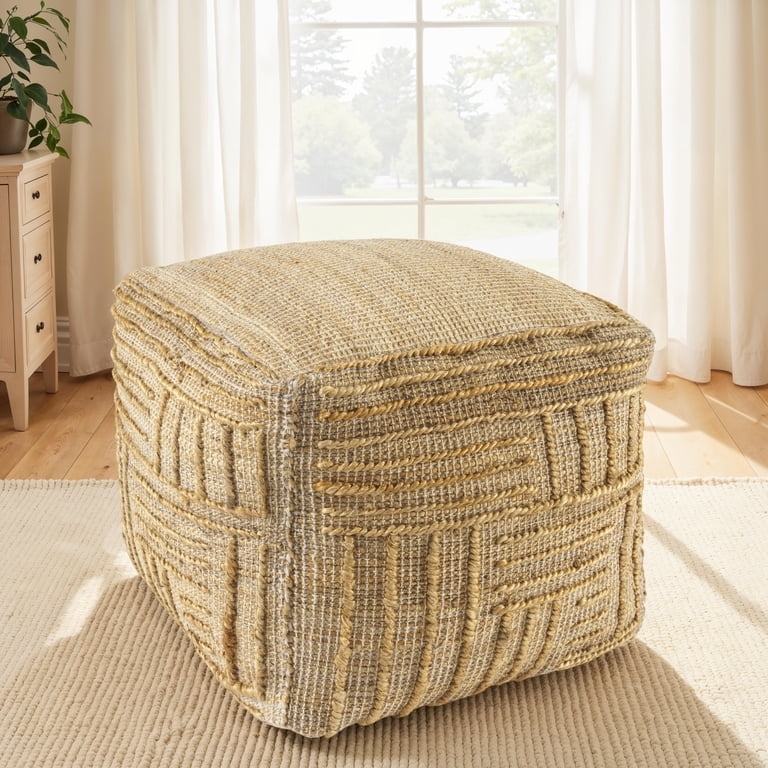Pouf Jute Blend Whipstitched Edges Natural Farmhouse Striped Cube