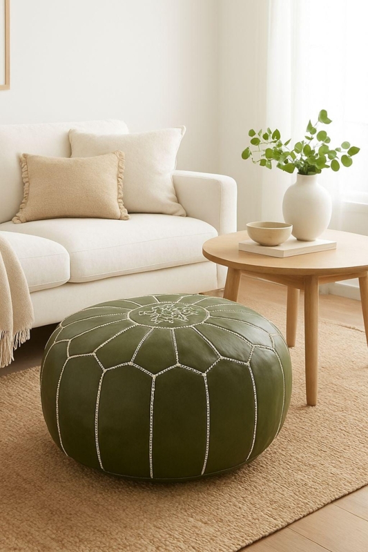 Pouf Leather Like Star Motif Embroidery Hand Stitched Boho Decor