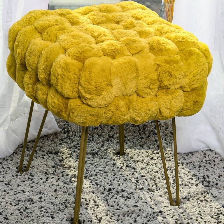 Pouf Lemon Curry Yellow Shaggy Faux Fur Cube Stool Ottoman