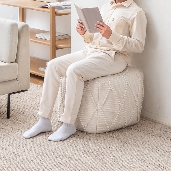 Pouf Light Gray Chunky Knit Cotton Round Cozy Knitted Pouf Ottoman