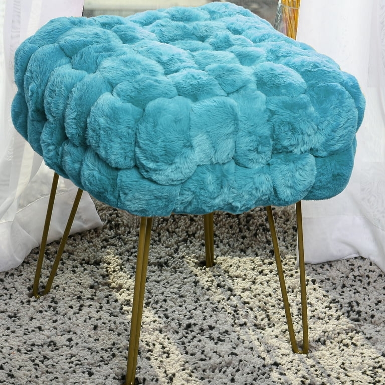 Pouf Long Pile Aqua Faux Fur Cube Contemporary Glam