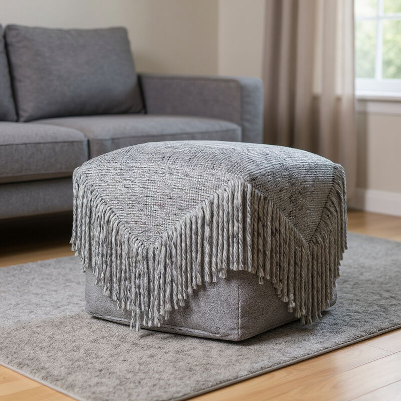 Pouf Marled Grey Braided Pattern Round Chunky Knit Wool Scandinavian