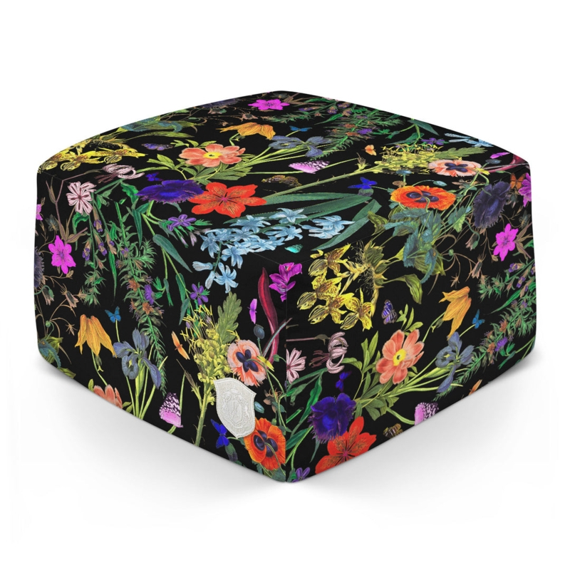 Pouf Moody Botanical Print Dark Navy High Contrast Maximalist Accent
