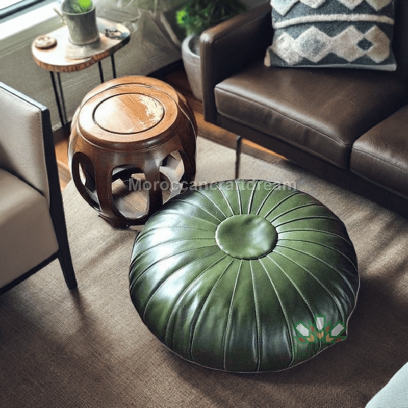 Pouf Moroccan Forest Green Leather-Like Embroidered Top Stitching