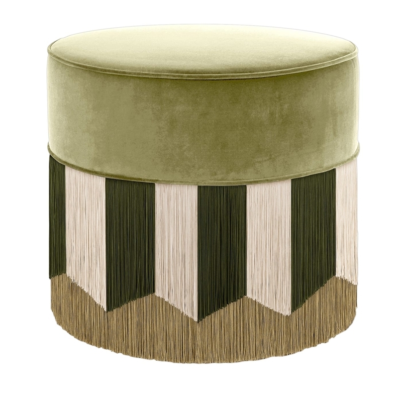 Pouf Moss Green Pleated Velvet Cylindrical Shape Polished Gold Base