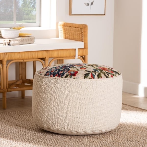 Pouf Multicolor Geometric Pattern Woven Fabric Piped Edges Bohemian