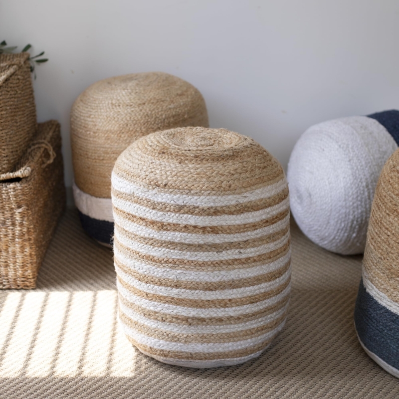 Pouf Nautical Striped Jute Square Natural Fiber Ottoman Accent