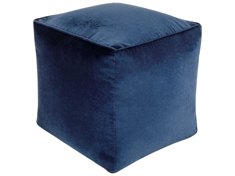 Pouf Navy Blue Velvet Cube Geometric Linear Embroidery Floor Seating