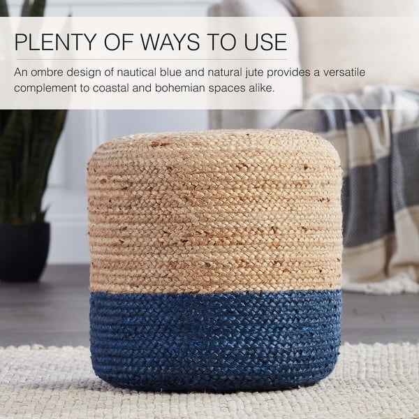 Pouf Navy Ombre Braided Jute Bohemian Coastal Accent Footstool