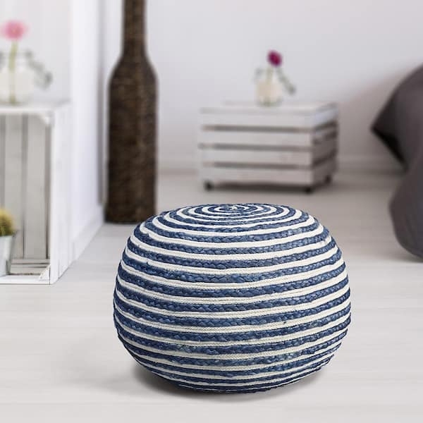 Pouf Navy Striped Braided Round Cotton Coastal Blue Striped Pouf