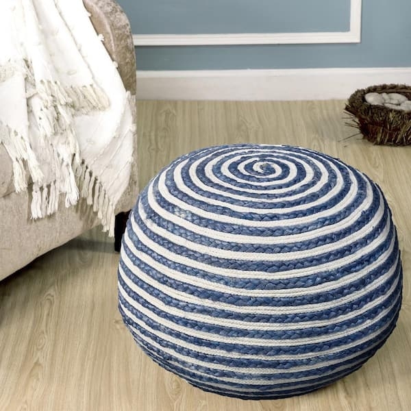 Pouf Navy White Stripes Braided Texture Round Coastal Nautical Casual
