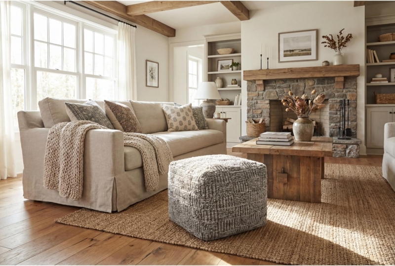 Pouf Off-White Chunky Knit Braided Texture Round Farmhouse