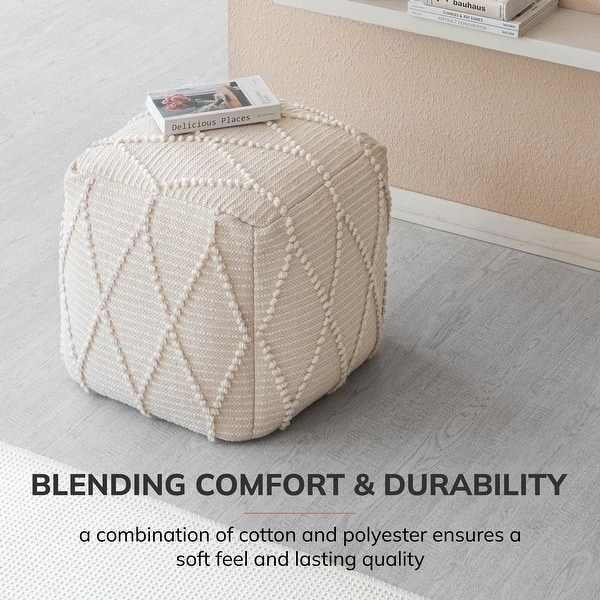 Pouf Off-White Chunky Woven Square Rounded Corners Bohemian Organic
