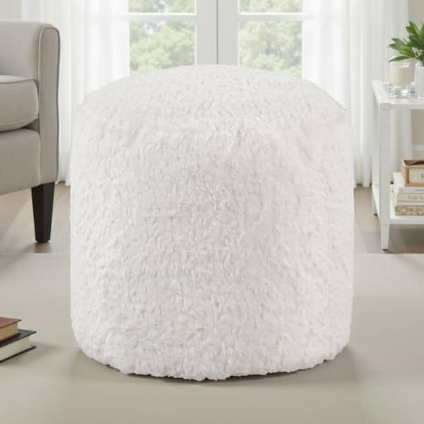 Pouf Off White Round Shaggy Faux Fur Fluffy Texture Ottoman