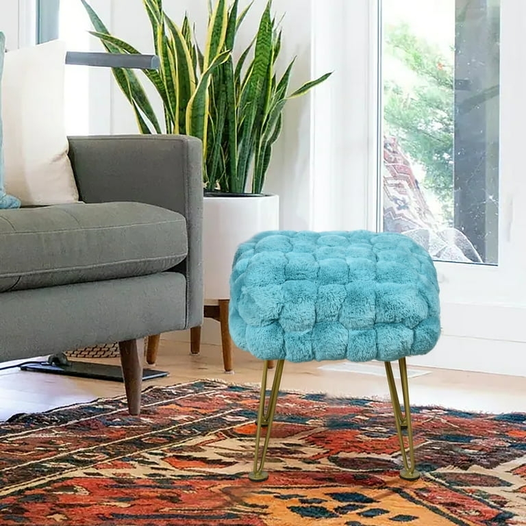 Pouf Ottoman Aqua Faux Fur Cubic Shaggy Glam Bohemian