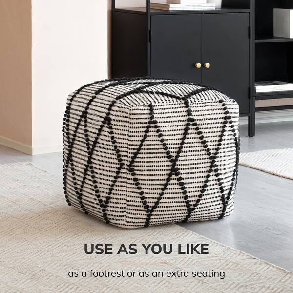 Pouf Ottoman Blue White Textured Geometric Weave Square Contemporary