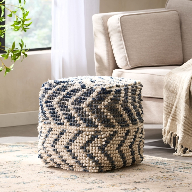 Pouf Ottoman Boho Tassel Accents Geometric Weave Navy Blue and White