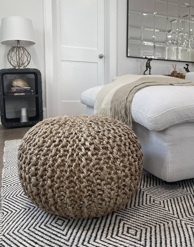 Pouf Ottoman Braided Jute Natural Fiber Hand Knitted Appearance Round