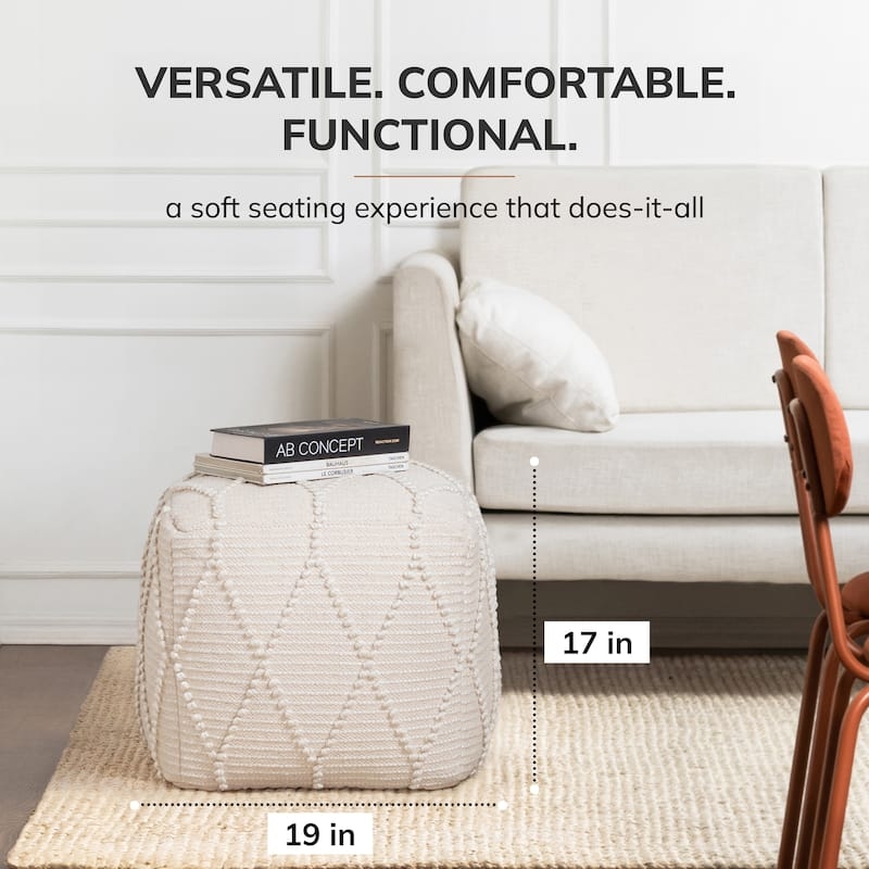 Pouf Ottoman Charcoal Gray Diamond Weave Square Chunky Boho Style