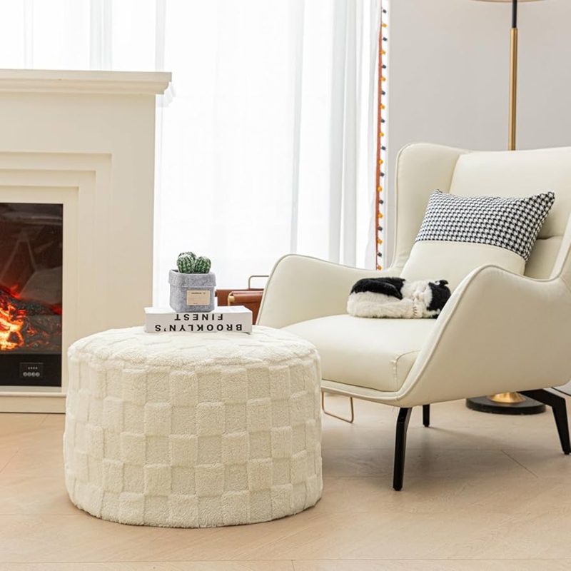 Pouf Ottoman Checkered Pattern Ivory Cream Top Handle Round Silhouette