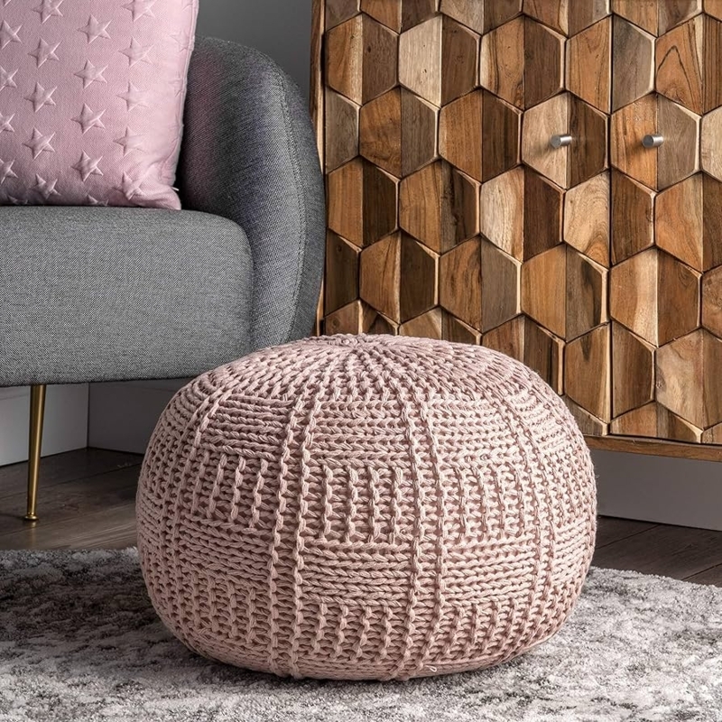 Pouf Ottoman Chunky Basketweave Knit Blush Pink