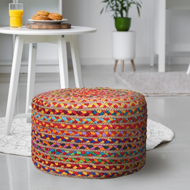 Pouf Ottoman Chunky Braided Weave Cream Boho Foot Rest