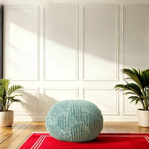 Pouf Ottoman Chunky Knit Aqua Outdoor Ready Bohemian