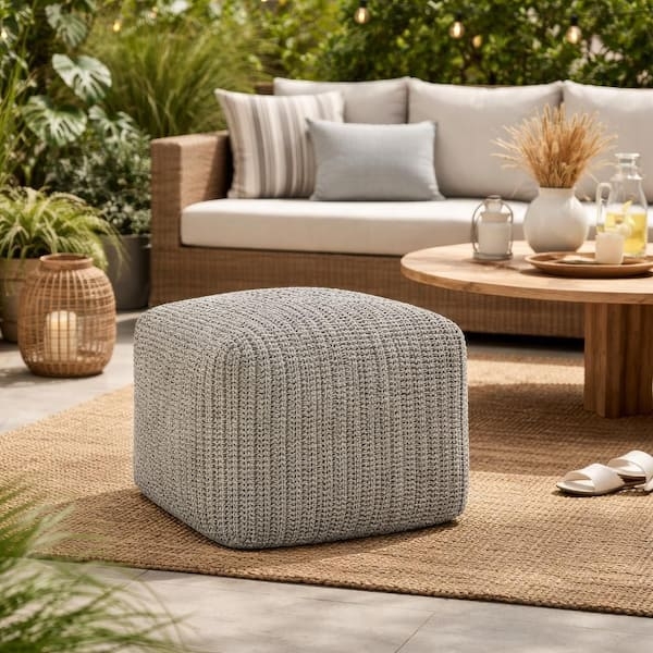Pouf Ottoman Chunky Knit Handwoven Light Gray Scandinavian