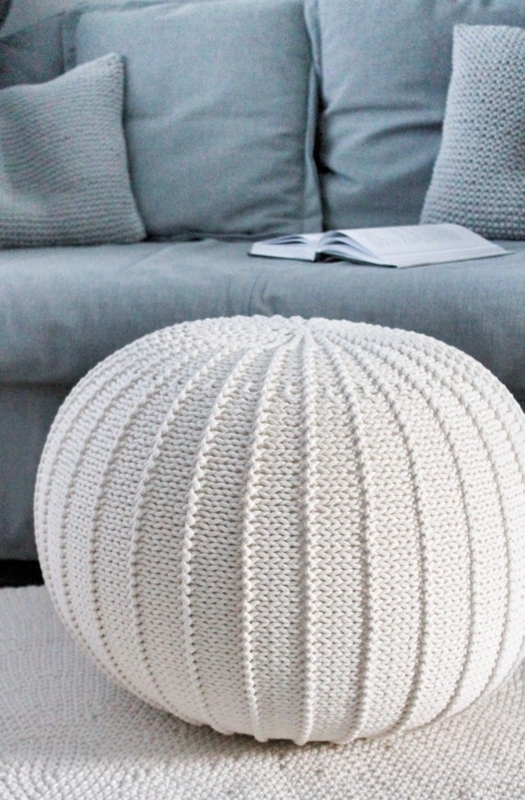 Pouf Ottoman Chunky Knit Ivory Round Scandinavian Style Decor