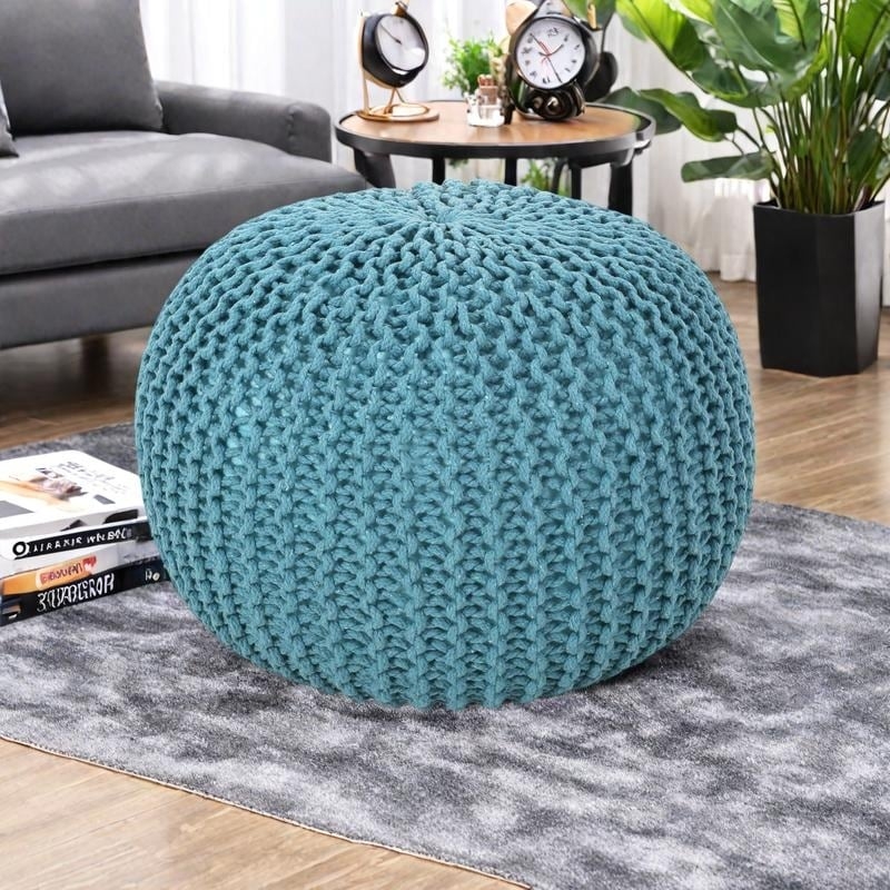Pouf Ottoman Chunky Knit Weave Round Cream Cotton Floor Seating