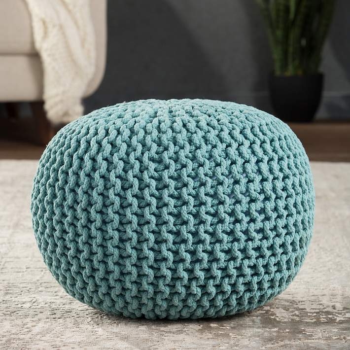 Pouf Ottoman Chunky Woven Aqua Round Coastal Modern