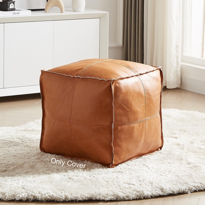 Pouf Ottoman Cognac Embroidered Medallion, Bohemian Moroccan Floor Seat