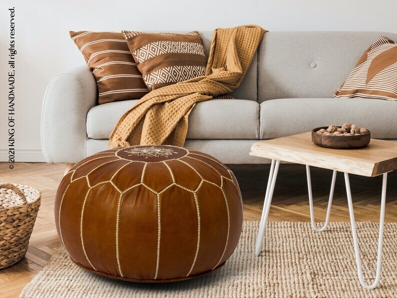 Pouf Ottoman Cognac Leather-Like Embroidered Moroccan Style