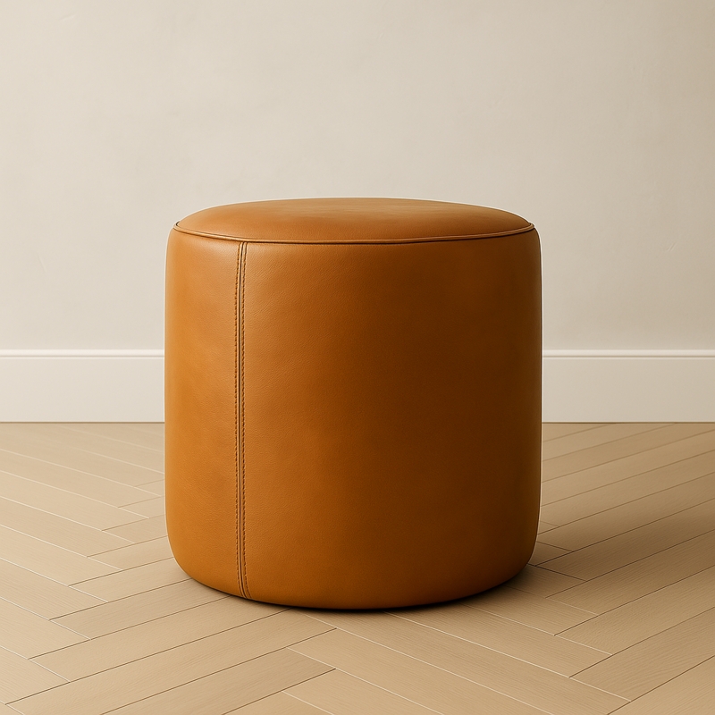 Pouf Ottoman Cognac Leather-Like Hand-Stitched Detail